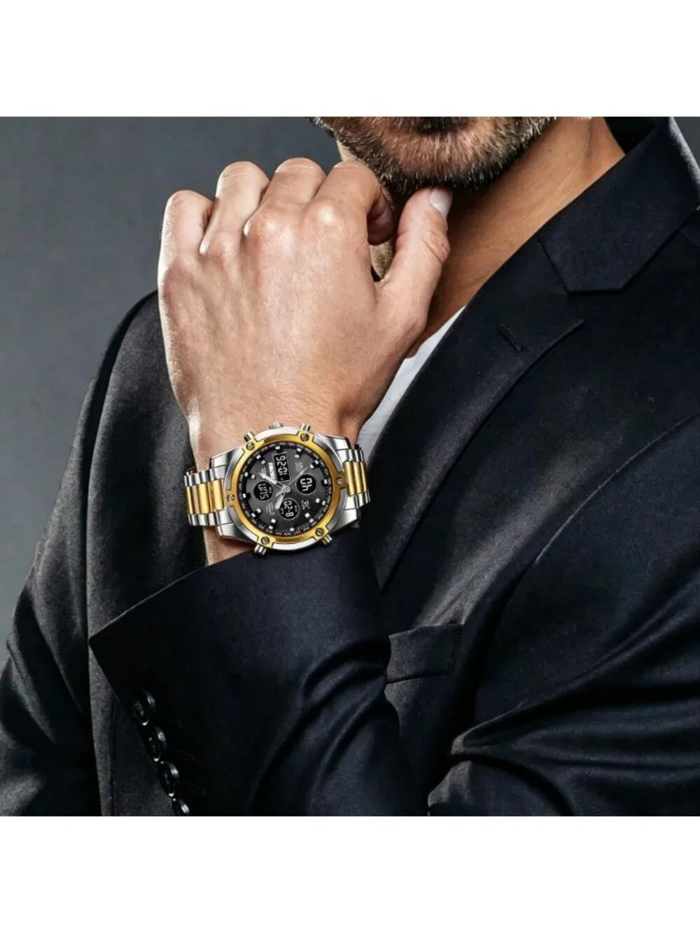 Men’s Two Tone Black Analog-Digital Stainless Steel Large Face Chronograph Watch